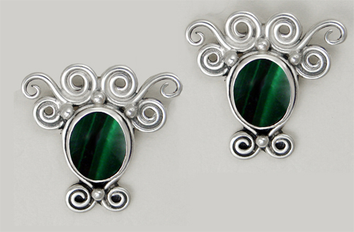 Sterling Silver And Malachite Drop Dangle Earrings With an Art Deco Inspired Style
